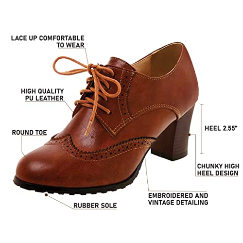 Vimisaoi Women's Vintage Oxfords Brogues Wingtip Chunky Block Heel Shoes, Lace-Up Perforated Stacked Pumps Dress Saddle Shoes Gift #TOP6
