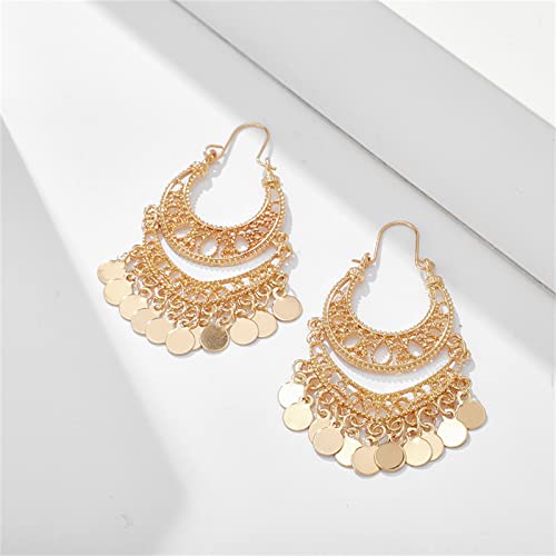 Maloyanve Handmade Boho Chandelier Earrings For Women Girls Unique Bohemian Lightweight Filigree Gypsy Coin Disc Tassel Charm Hoops Dangle Drop Statement Earrings (Gold Coin) #TOP4