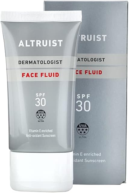 Altruist Dermatologist Sunscreen Fluid SPF30 Superior 5star UVA protection by Dr Andrew Birnie premium antioxidant face protection, White, Unscented, 50 millilitre