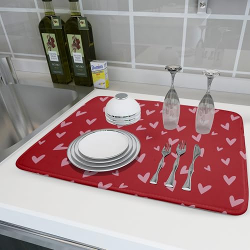 Valentines Dish Drying Mat for Kitchen Counter 18x24 Inch Valentine's Day Red Pink Love Heart Print Absorbent Reversible Microfiber Drying Mats Kitchen Countertop Protector Dishes Drainer Rack Pad by Aytipun - Image 6