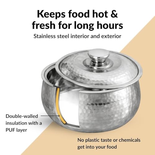 Image of Nestasia Stainless Steel Insulated Casserole with Lid (2000 ml) - 100% Food Safe Hammered Roti Server with Self Locking Lid - Retains Heat & Freshness | Rust Resistant & BPA - Free Chapati Casserole