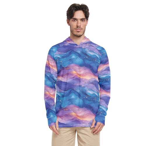 Blue Pink Purple Liquid Mens Sun Hoodies Shirts Long Sleeve Hiking Hoodie UPF 50+ Sport Shirt S