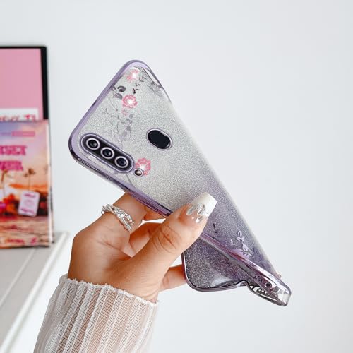 Image of for Samsung Galaxy A20S Case,Galaxy A20S Case for Women Gradual Change Glitter Crystal Soft TPU Stylish Butterfly Floral Heart Clear Protective Cover with Strap for Galaxy A20S (Purple)
