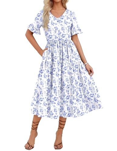 Image of ZEAGOO Women's Summer Dresses Midi Tiered Casual Dress Floral V Neck Ruffle Short Sleeve Flowy Beach Dress with Pockets