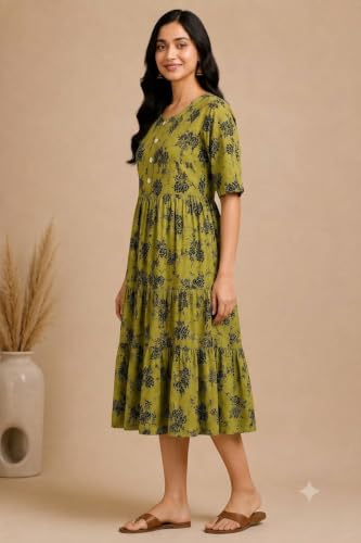 Image of Women's Rayon A-Line Midi Dress, Floral Print, Short Sleeves, Tiered Design, Round Neck, for Summer Wear