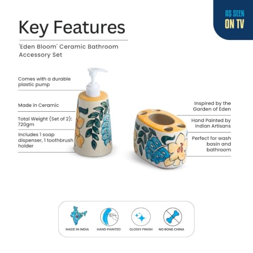 Image of ExclusiveLane 'Eden Bloom' Hand-Painted Ceramic Bathroom Accessories Set of 2 (Liquid Soap Dispenser for Wash Basin, Paste & Toothbrush Holder) |Handwash Dispenser |Bathroom Organiser Set