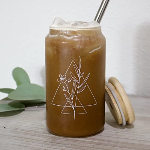 Boho Floral Iced Coffee Glass Cup With Bamboo Lid And Straw | 16Oz Beer Can Glass With Lids And Straw | Can Shaped Glass Soda Can Cup | Glass Tumbler With Bamboo Lid And Straw #TOP3