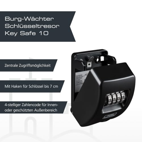 Burg Wächter Schlüsseltresor mit 4-stelligem Zahelncode für außen und innen, Sicher, Wandmontage, Key Safe 10 SB, Schwarz, KeySafe 10, Außen: 85x61x39mm (HxBxT)