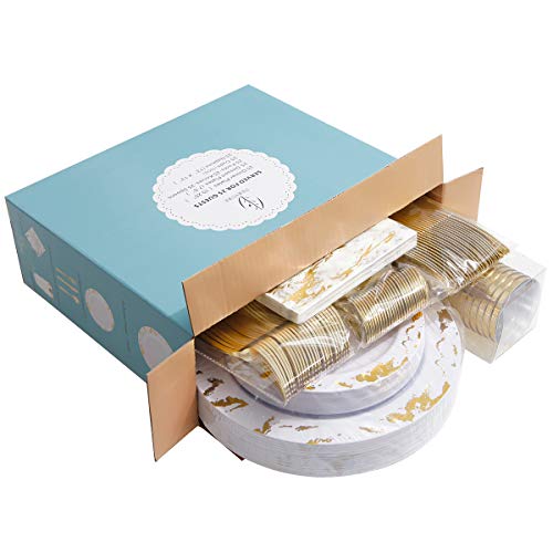 Nervure 175Pcs Gold Plastic Plates With Marble Printing & Gold Plastic Silverware:50 Plates, 25 Forks, 25 Knives, 25 Spoons, 25 Cups, 25 Napkins For Party & Wedding #TOP7