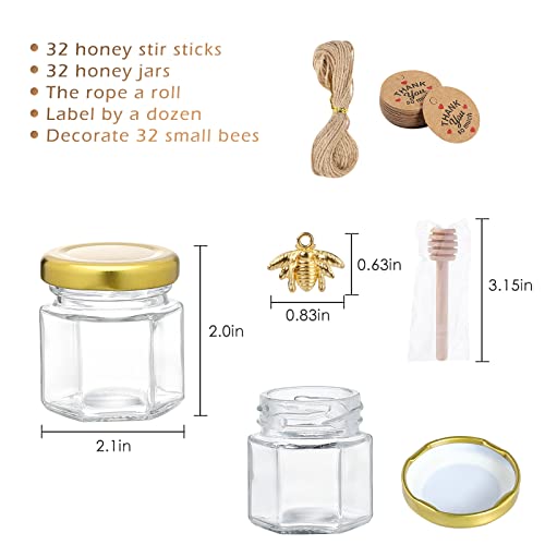 Xing-Ruiyang Mini Honey Jars- With Wooden Dipper， 1.5 Oz Hexagon Glass Mason Jars With Golden Lids, Gold Bee Pendants, Decorative Jute For Wedding, Small Hang Tags-Baby Shower, Party Favors (48) #TOP1
