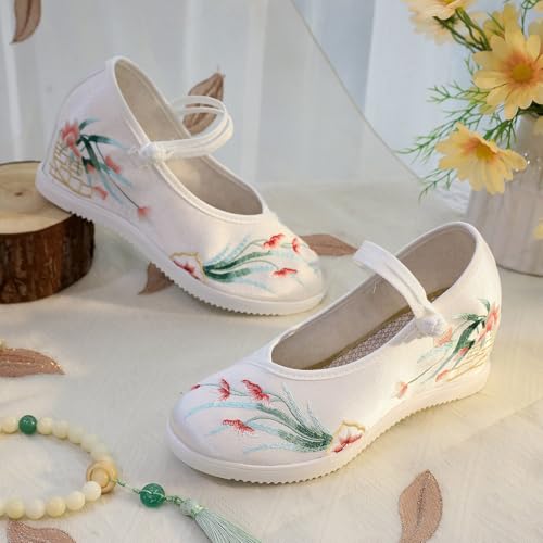 2025 Eleganckie Damskie Buty Z Haftem Kwiatowym Chiński Styl Ślubny Hanfu Cheongsam Niewidoczne Buty Na Koturnie Swobodne Wygodne Buty Na Platformie Z Paskiem Na Kostkę(White,37 EU)