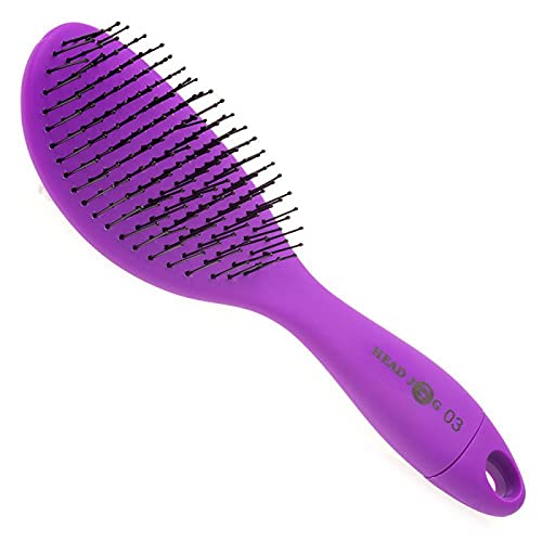 Head JogOval Paddle Hair Brush No.3 for Detangling & Smoothing Hair with Detachable Brush Cleaner & Soft Rubber Grip Handle, Purple.