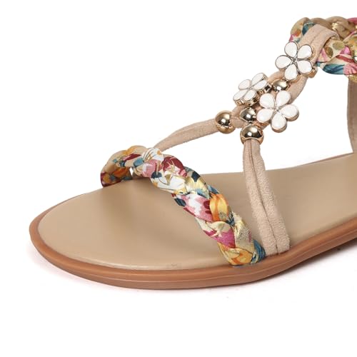 Girls Summer Bohemian Sandals Kids Beach Vacation Open Toe Floral Rhinestone T Strap Dress Flat Shoes Casual Sandal4