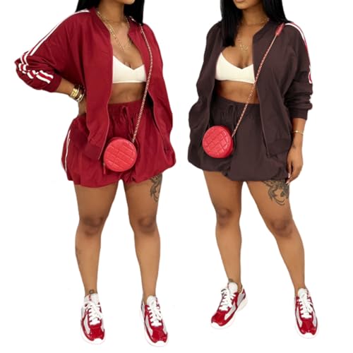 Women Mini Skirt Sets 2 Piece Outfits Zipper Long Sleeve Bomber Jacket High Waisted Bubble Skirt Set Tracksuit Party3