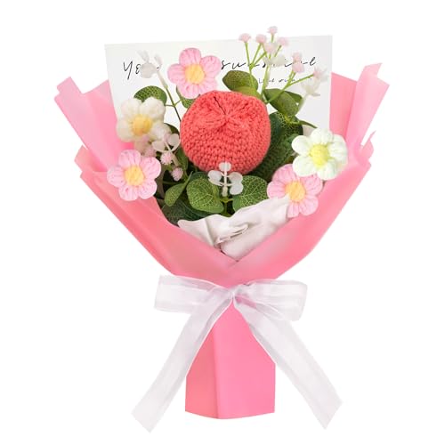 YDKGPSH Finished Handmade Crochet Flower Bouquet, Pink Knitted Tulip Artificial Floral Arrangement, Everlasting Forever Flowers Gift for Graduation Mother's Day, Valentine's & Anniversary (Medium)
