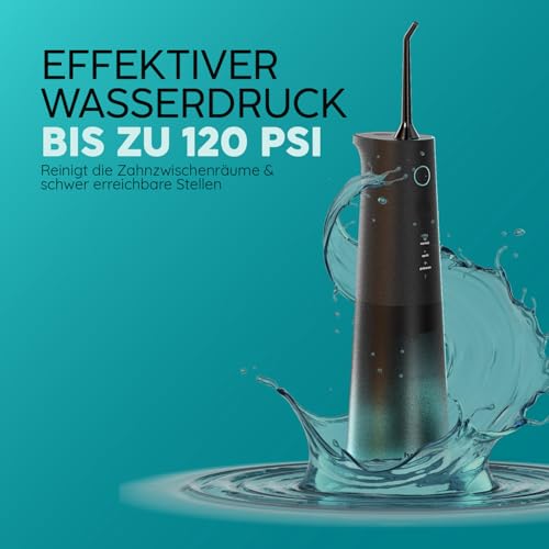 happybrush Munddusche Set Kabellos Elektrischer Zahnreiniger inkl. Refill 3 Wochen Power Akku 360° Rotierbaren Düsen I effektive Reinigung der Zahnzwischenräume, Water Flosser Black/Mint – Bild 7