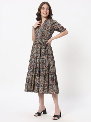 Image of PIDAVLIYA'S Women's Floral Summer Maxi Dress I Cotton Printed I One Piece Bodycon Midi Dress with V-Neck, Puffed Sleeves