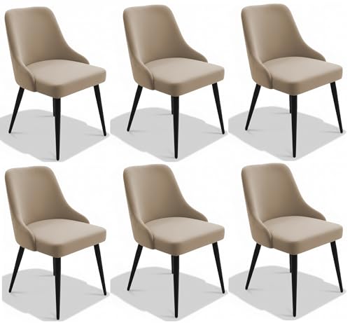 Image of Finch Fox Taskpro Modern Unique Velvet Upholstered Seating Living Room Dining Chair with Black Metal Legs in Beige Color (Set of 6)