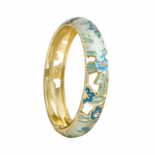 DLYFNVEV Cloisonne Enamel Bangles Vintage Colorful Flower Jewelry Cuff Charm Bracelets For Women Gold Plated Floral Style Bright Chunky Hawaiian Chinoiserie Vibrant Wide Green Blue