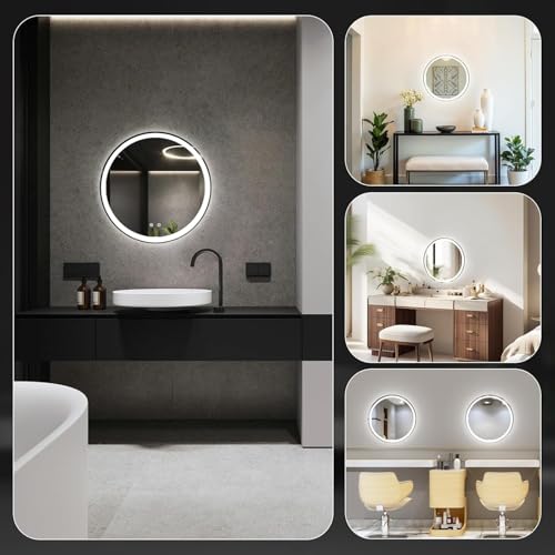 Image of Simple Deluxe Round LED Bathroom Mirror with Lights, Smart Anti-Fog LED Bathroom Mirror with Circular Dual Lights and 3-Color Temperature Memory dimming (24inch)