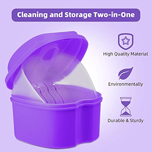 Denture Soaking Cup Dental Retainer Case Cleaning With Strainer Basket, Orthodontic Bath Box Mouthguard Storage Holder - Leak Proof And Lid Waterproof - Purple #TOP4