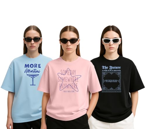 Image of Cotton Blend Oversized Baggy Fit Drop Shoulder Graphic Printed Half Sleeve T-Shirt Combo for Women (Pack of 3) (Sizes: S to 2XL)