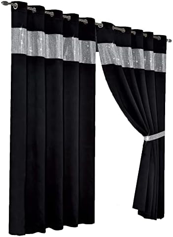 Olivia Rocco Diamante Blackout Eyelet Curtains With Tie Backs Black Out Thermal Ring Top Curtain Pair Window Dressing, 66" (Width) x 54" (Drop) Black