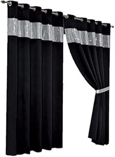 Olivia Rocco Diamante Blackout Eyelet Curtains With Tie Backs Black Out Thermal Ring Top Curtain Pair Window Dressing, 66" (Width) x 54" (Drop) Black