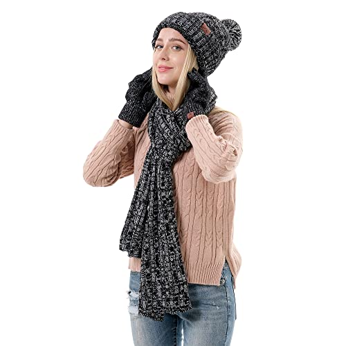 MAYLISACC Womens Hat Scarf Gloves Set, Stylish Winter Knitted Warm Beanie Caps+Long Scarves+Touch Screen Gloves for Laydies2