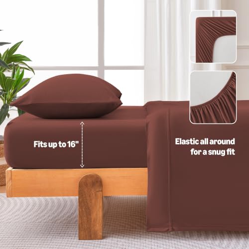 Image of Amazon Basics Jersey Knit 3-Piece Sheet Set, Wrinkle Resistant and Easy Fit, Includes 16 inch Deep Pocket Fitted Sheet, 1 Flat Sheet and 1 Pillowcase, Twin, Burgundy