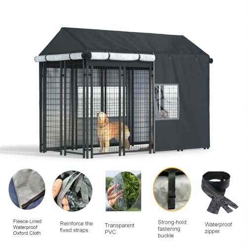LYBOSH Dog Kennel Cover 8.1x4.1x6ft - Heavy Duty Waterproof Winter Insulated Cover with Transparent Windows & Fleece Lining for Outdoor Pet Cages, Black by LYBOSH - Image 3