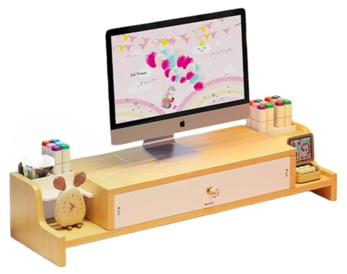 Sailozai 引き出し付きコンピュータースタンド、オフィス、デスクトップ棚、キーボード収納、モニタースタンド、人間工学に基づいたデザイン (ナチュラル,A + ペンホルダー4本 + 大きな引き出し)