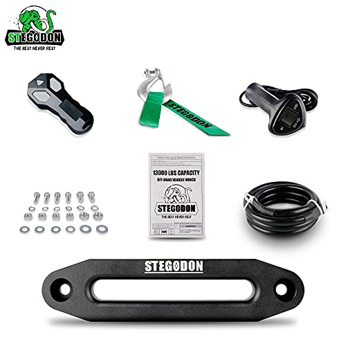 Stegodon New 13000 Lb. Load Capacity Electric Winch T3,12V Synthetic Rope Electric Winch With Hawse Fairlead,Waterproof Ip67 Winch With Wireless Handheld Remotes And Wired Handle(All Black) #TOP6