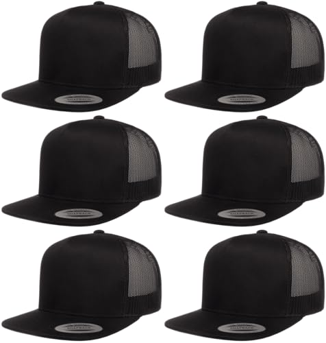 6Pcs Yupoong 5 Panel 6006 Yp by Flexfit Classic Trucker Snapback Hat Cap with Black Bandana (US Alpha One Size Large 6pcs Black)