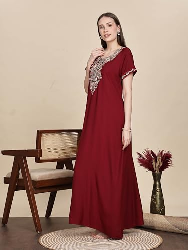 Image of 9shines Label Stylish Alpine Nighty Maxi for Women | Full Length Trendy Nightgown | Premium Nightdress | Nightwear | Heavy Embroidery Nighty with Pockets(2891)