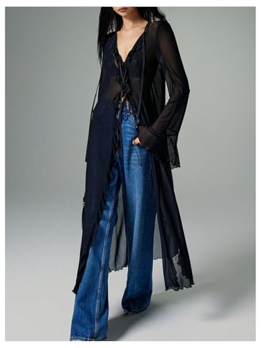 Verdusa Women's Goth Tops Y2K Mesh Tie Front Tops Bell Sleeve Tops Long Shirt 2000s Clothing3