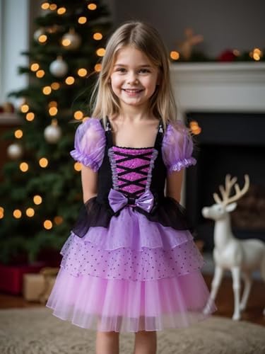 Fylytota Witch Tutu Dress for Girls Halloween Costume with Candy Bag Purple Black Puff Sleeves Dress for Kids Birthday Party — view 2