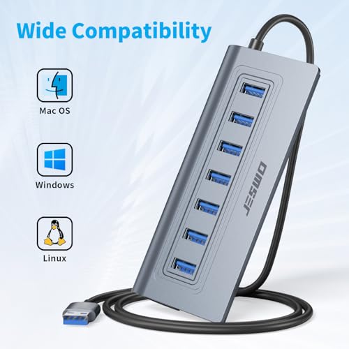 USB 3.0 Hub, 7-Port USB Extender Hub Aluminium 5Gbps, USB Multiport Adapter with 3.4Ft Cable and 5V/4A Power Port for Desktop PC, Laptop, Flash Drive, HDD, Mice - Image 5