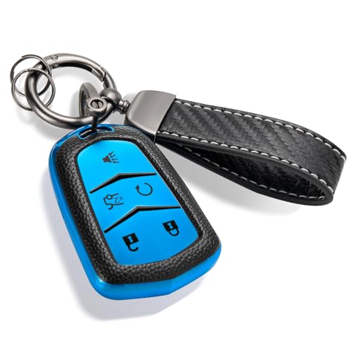 Image of Car Key Fob Cover for Cadillac, Carbon-Fiber-Style Case, Blue