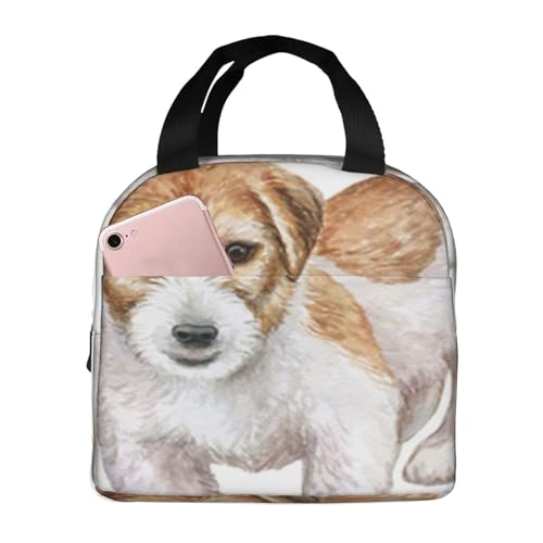 断熱ランチバッグ、大容量、防水、熱漏れ防止、スタイリッシュで丈夫、仕事、学校、アウトドア活動に便利、男女兼用(白い背景に隔離された犬のジャックラッセルテリアのラフな水彩画)