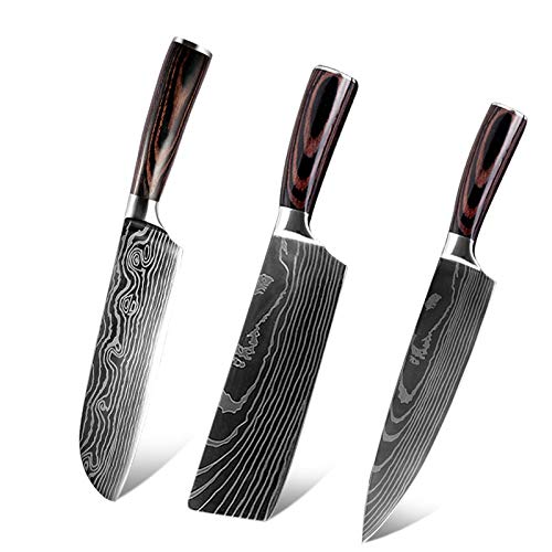 Meat Cleaver, Cleaver Knife, 3PCs 440C Stainless Steel Japanese Kitchen Knife Set Damascus Laser Pattern Chef Santoku Nakiri Cleaver Knives Chef Knife