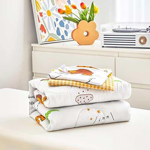 Flysheep 4 Piece White Toddler Bedding Set For Baby Girls And Boys, Cute Animals Printed - Includes Quilted Comforter, Flat Sheet, Fitted Sheet & Pillow Case, Soft Microfiber #TOP4
