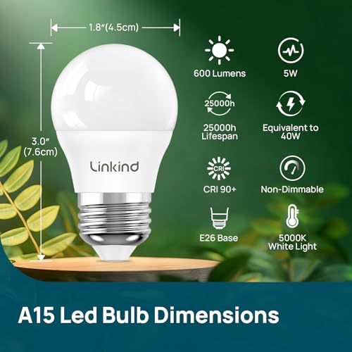 Linkind Led Refrigerator Light Bulbs, A15 Fridge Light Bulbs 40 Watts Equivalent Waterproof, 600LM Appliance Light Bulb 120V Non-dimmable 5W LED Bulbs for Freezer, E26 Base, Daylight 5000K, 3 Pack — view 2
