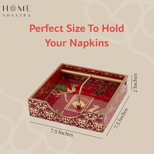 Image of Wooden Napkin Holder with Gold Engraving | Pack of 1 | Size : 7.5 x 7.5 inch | Enamel Coated Waterproof | Tissue Holder for Dining Table | (Red Camel Napkin Holder)