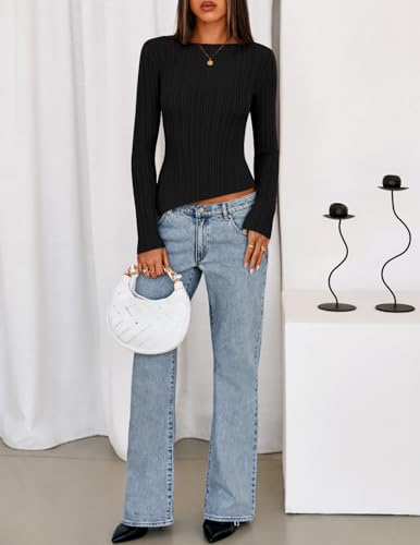 MEROKEETY Women's Fall Long Sleeve Sweater Tops 2025 Boat Neck Ribbed Asymmetric Lightweight Knit Shirts2