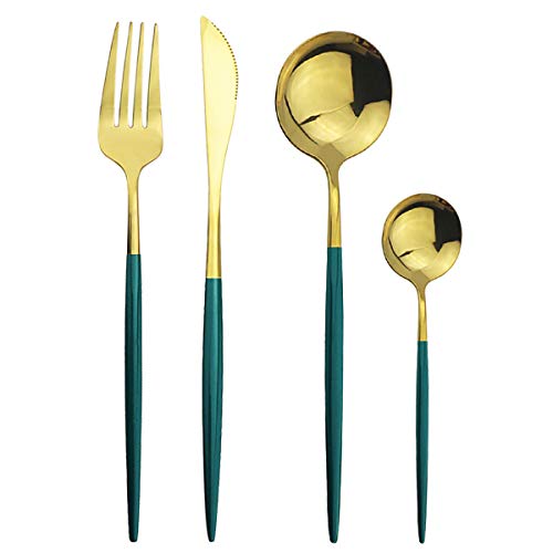 Puzhler 4pcs Dinnerware Set 18/0 Stainless Steel,Golden Flatware Set for 1 Person, Kitchen Silverware Cutlery Tableware Anti-rust Utensil Set, Steak Knife Set (Green + Gold)