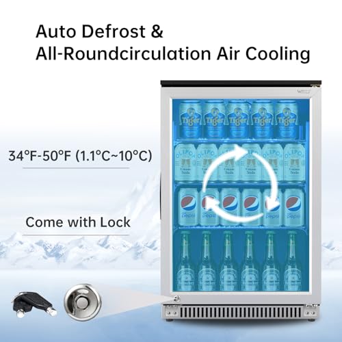 Weili 20 Inch Built in Beverage Refrigerator with Lock, Under Counter or Freestanding 120 Can Soda Beer Drink Cooler Fridge with Stainless Steel and Glass Door