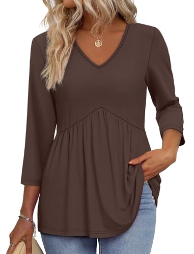 Image of OFEEFAN 3 /4 Length Sleeve Womens Tops 2026 Blouses for Women Dressy Casual Fashion Clothing V Neck Babydoll Tops Fall Outfits