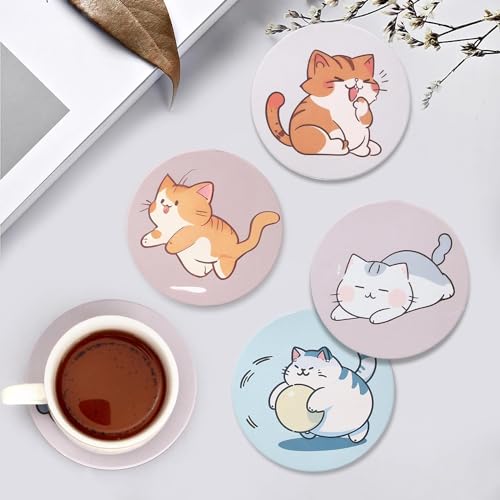 Image of Cute Cats Coasters Set of 6 Catties Lover Gift Coasters with Holder for Table Drink Coaster Cat Themed Gifts Kawaii Anime Decor Office Desk Beverage Fun Cool Bar Cup