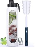 GIEMIT Glass Water Bottles 32oz with Silicone Sleeve Drinking Hydration Bottles Reusable Borosilicate Wide Mouth Motivational Water Flask Canteen with Time Marker Spout Lid and Brush (White - 32 oz)